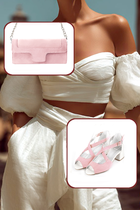 Women's light pink and off white elegant sandals closed at the back with crossed straps. Round toe. Low flare heels - Top view